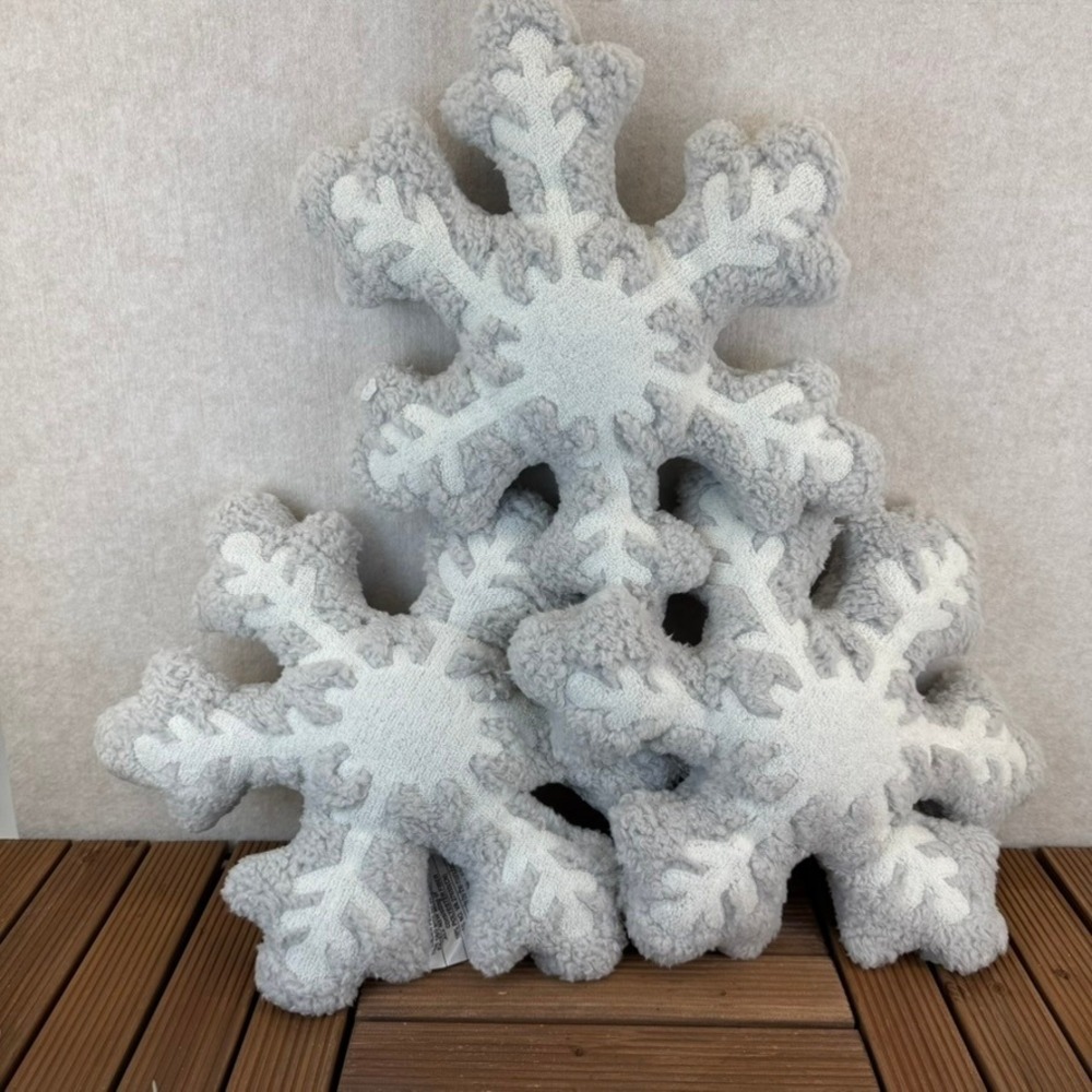 Snowflake Plush Throw Pillow Lot of 3 Gray White Textured Cozy Accent Holiday
